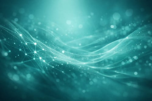 Abstract teal image of waves and dots representing the data flowing from AI processing 