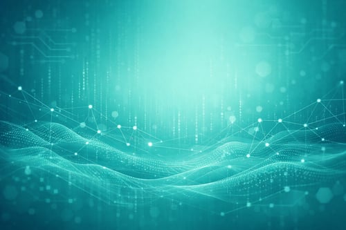 Abstract teal image of waves and dots representing the data flowing from AI processing 